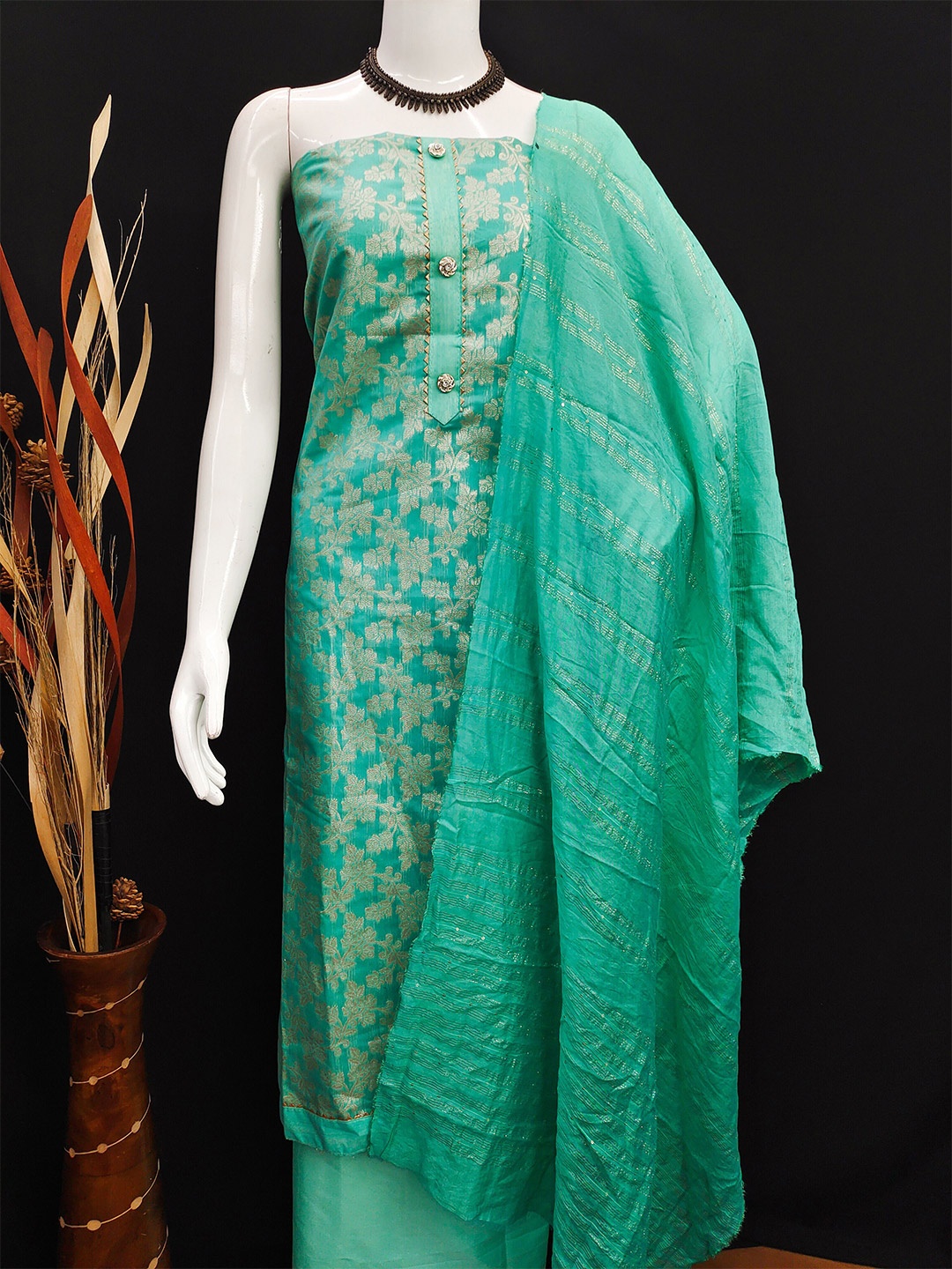 

MANVAA Woven Design Gotta Patti Unstitched Dress Material, Sea green