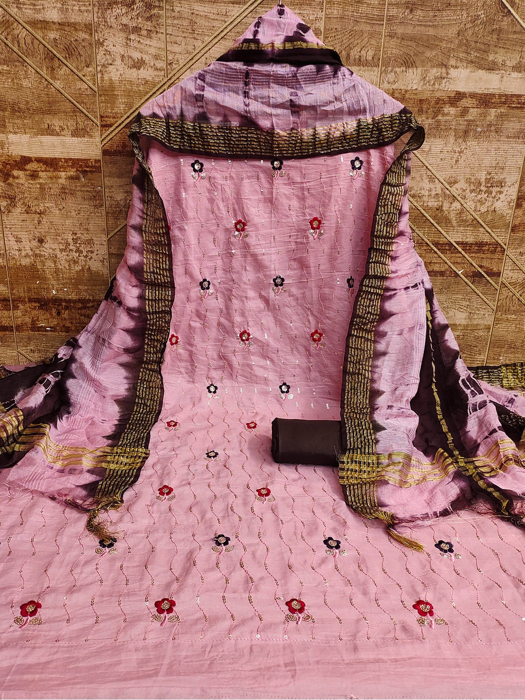 

MANVAA Floral Embellished Unstitched Dress Material, Pink