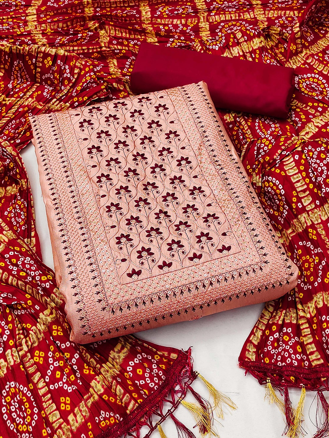 

MANVAA Floral Sequinned Embroidered Unstitched Dress Material, Peach