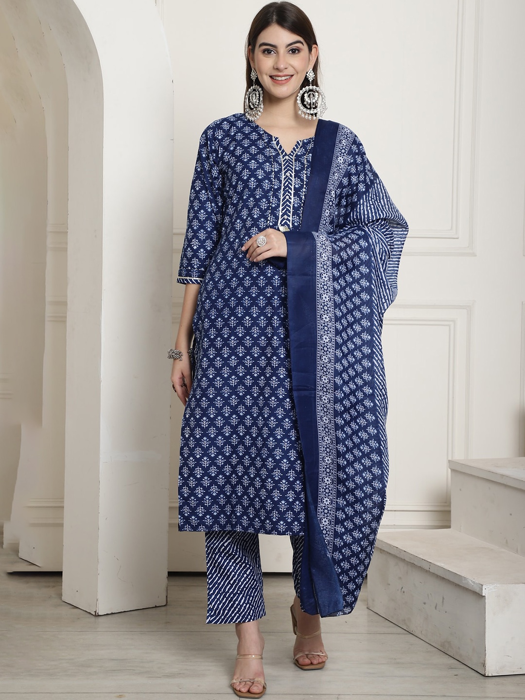 

Rajnandini Floral Printed Three-Quarter Sleeve Regular Kurta With Trousers & Dupatta, Blue