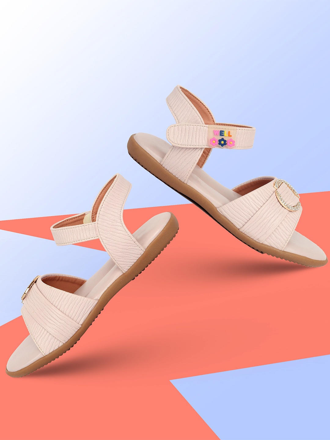 

BAESD Girls Textured Embellished Open Toe Flats With Velcro Closure, Beige