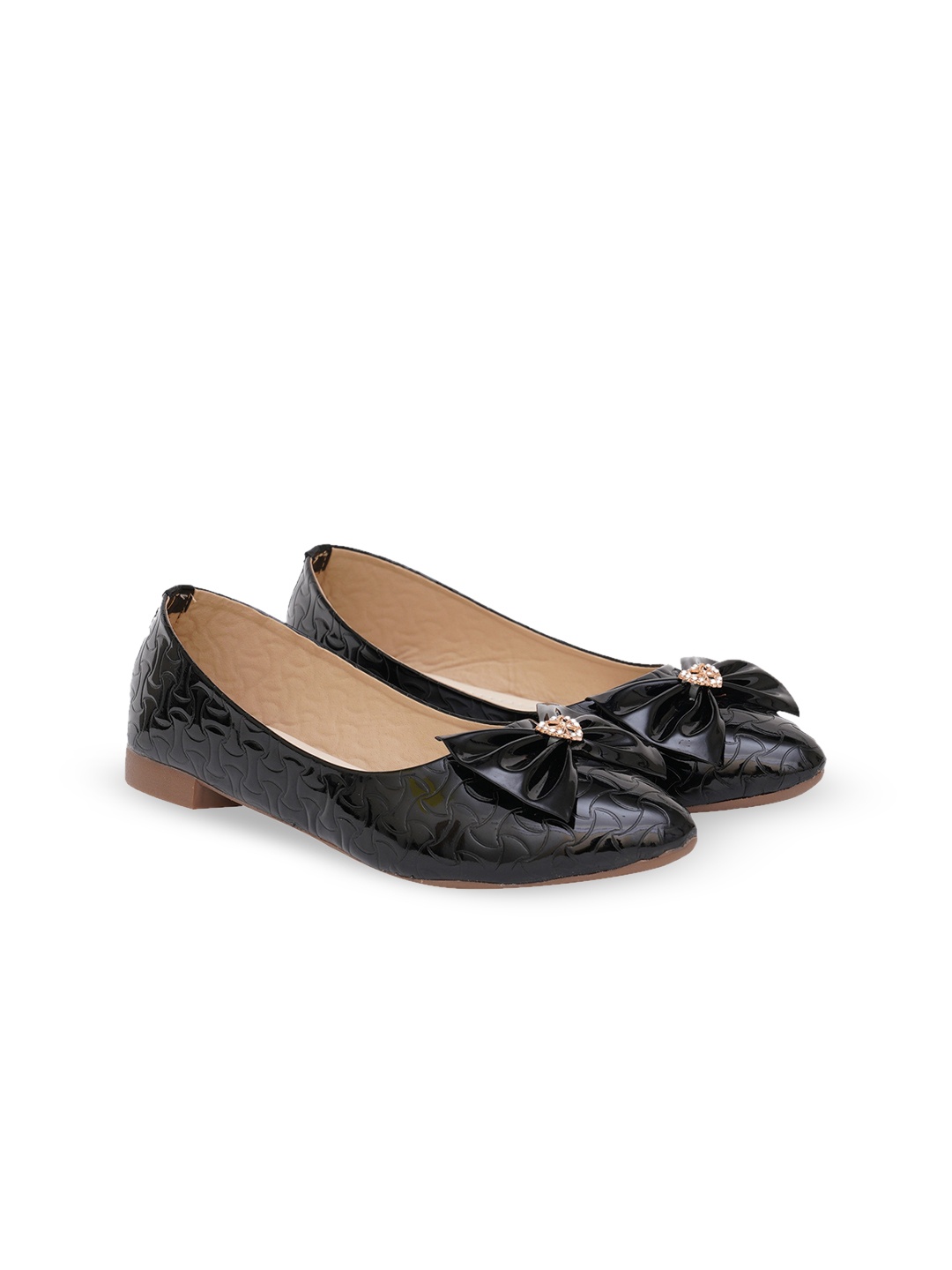

XE Looks Textured Pointed Toe Ballerinas With Bows, Black