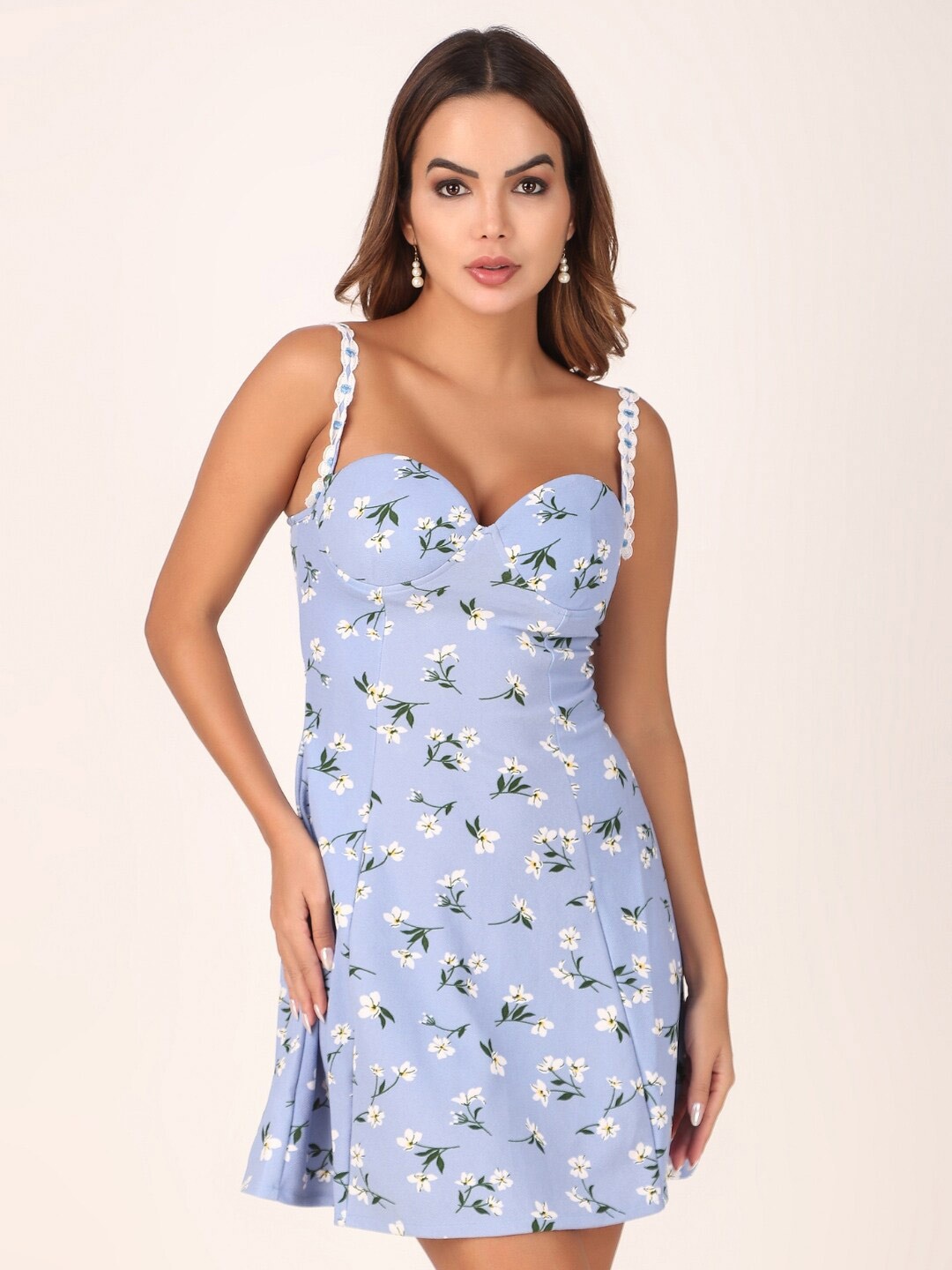 

STARIN Floral Printed Shoulder Strap A-line Dress, Blue