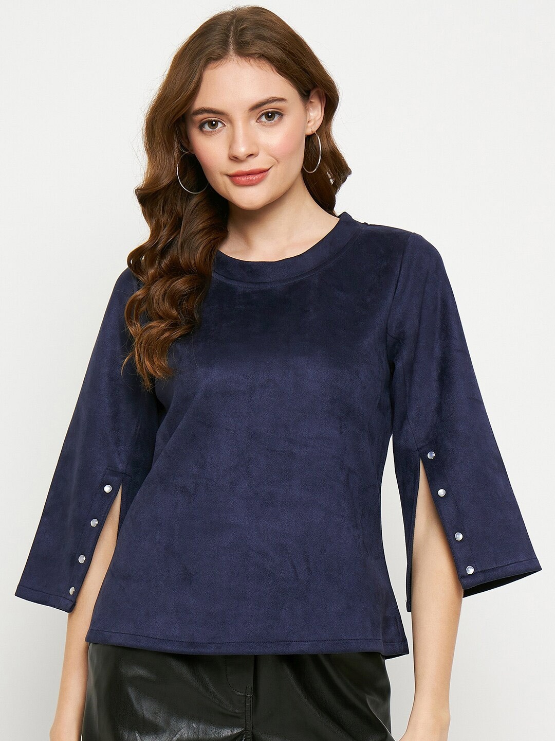 

Imfashini Round Neck Suede Slit Sleeve Regular Top, Navy blue