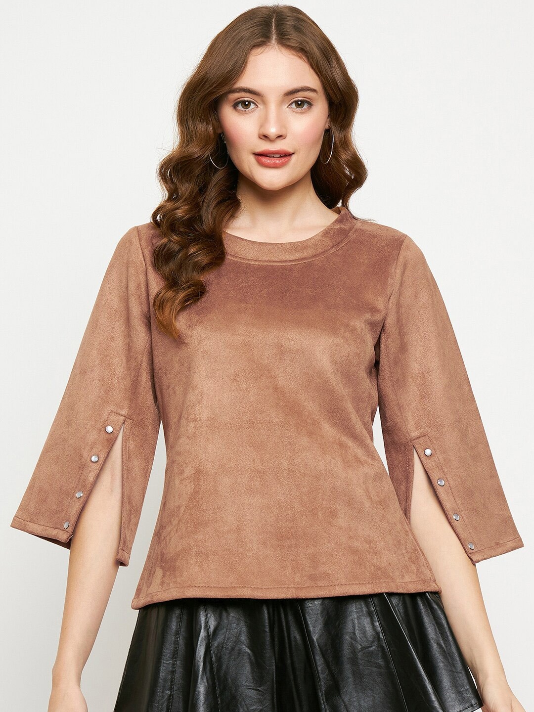 

Imfashini Round Neck Suede Slit Sleeve Regular Top, Tan