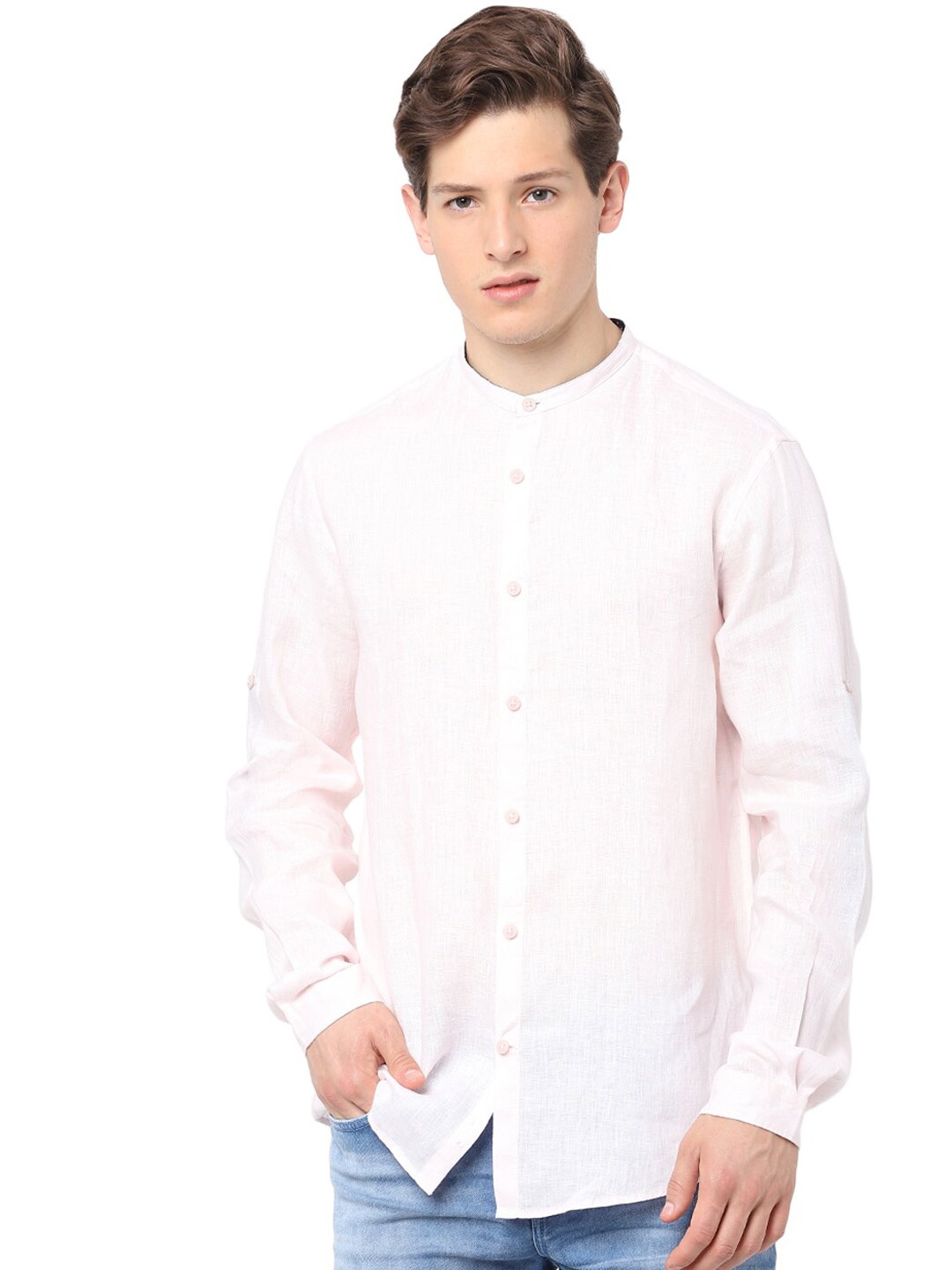 

Celio Band Collar Linen Casual Shirt, Pink