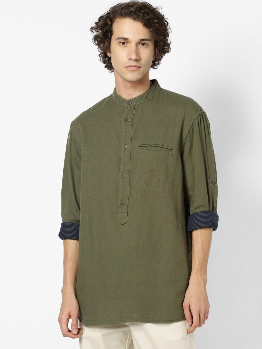 

Celio Band Collar Cotton Casual Shirt, Green