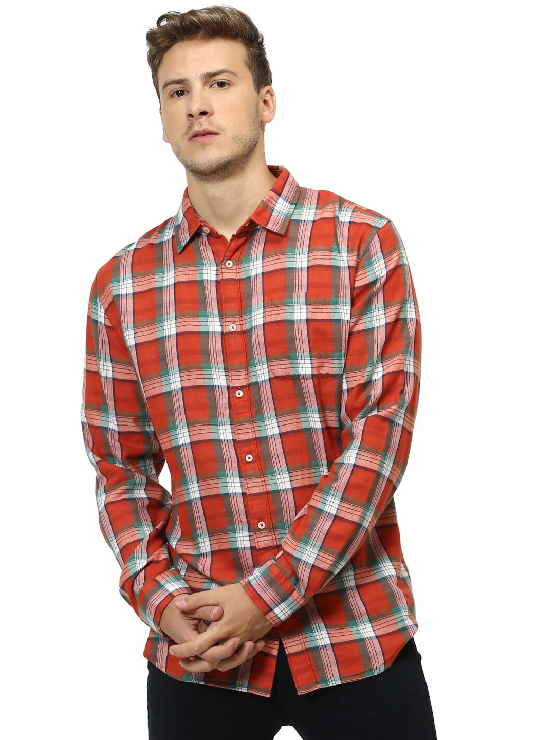 

Celio Checked Spread Collar Cotton Casual Shirt, Rust