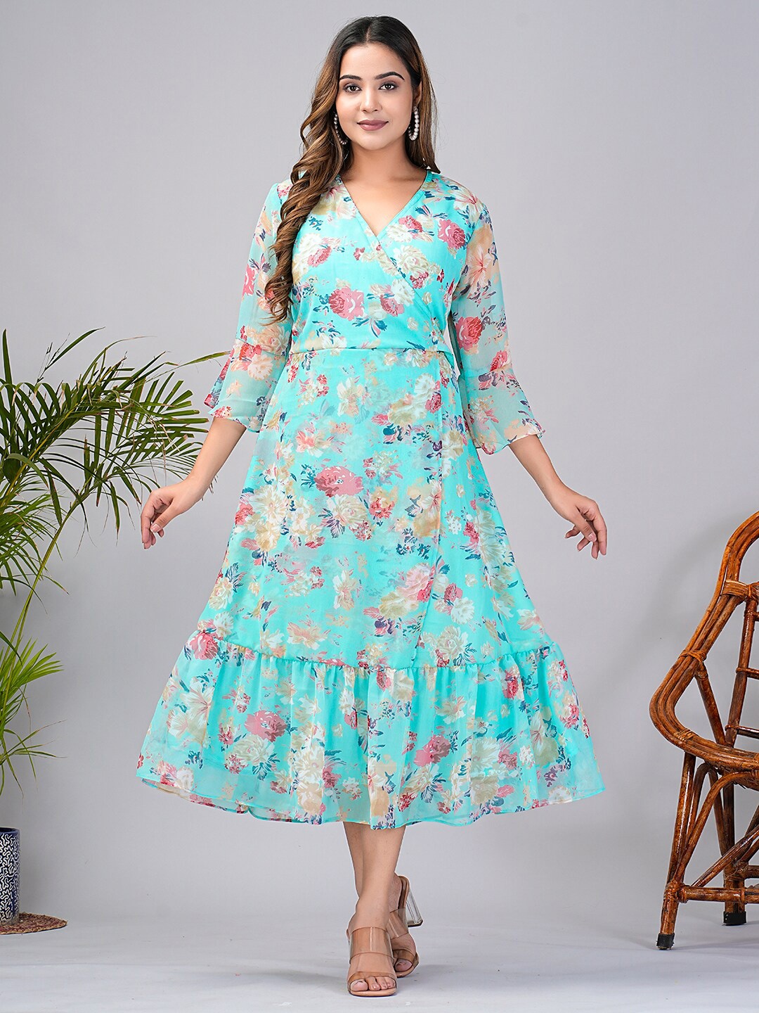 

KPF Floral Printed Georgette Fit & Flare Midi Dress, Blue