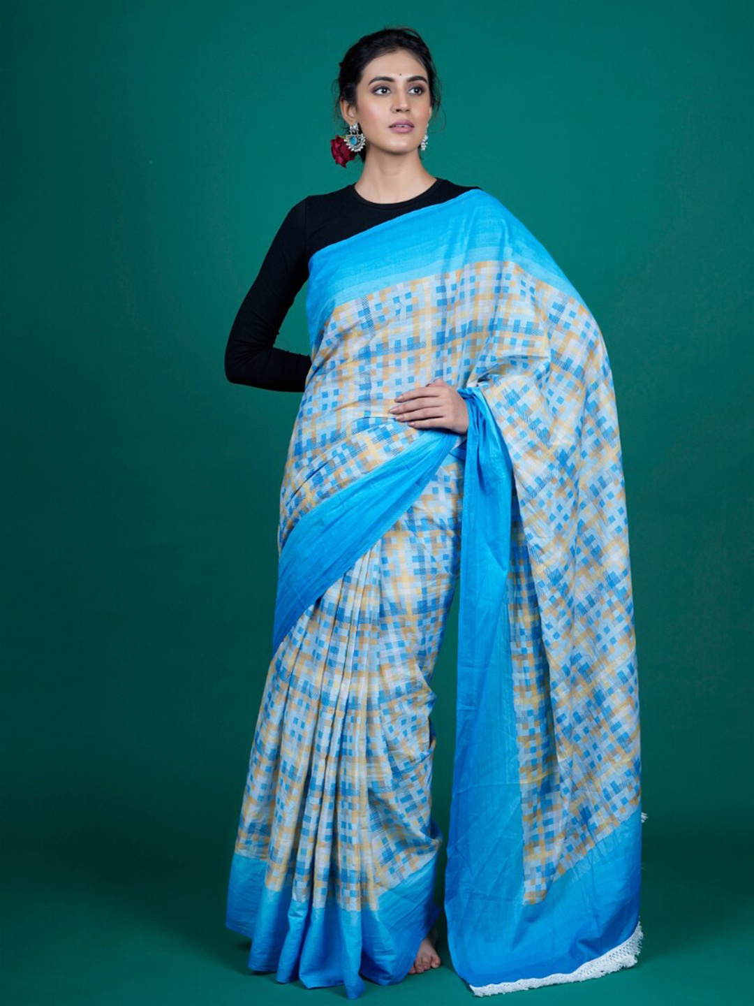 

BUTA BUTI Checks Printed Pure Cotton Saree, Blue