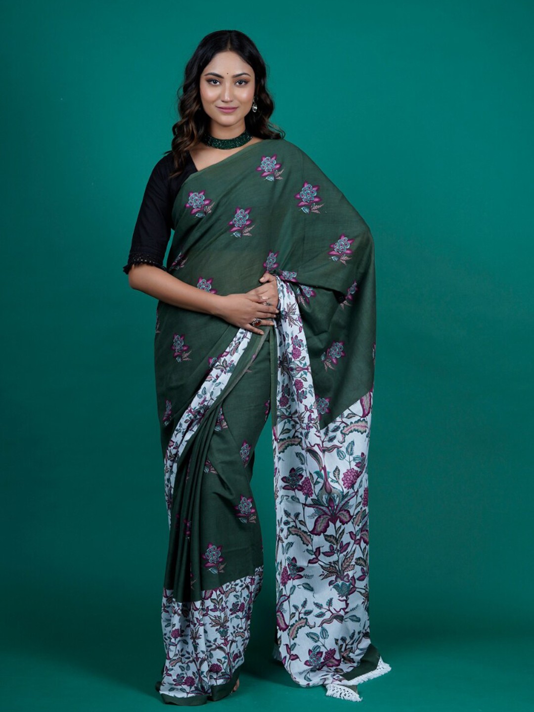 

BUTA BUTI Chintz Floral Printed Pure Cotton Tasseled Saree, Green