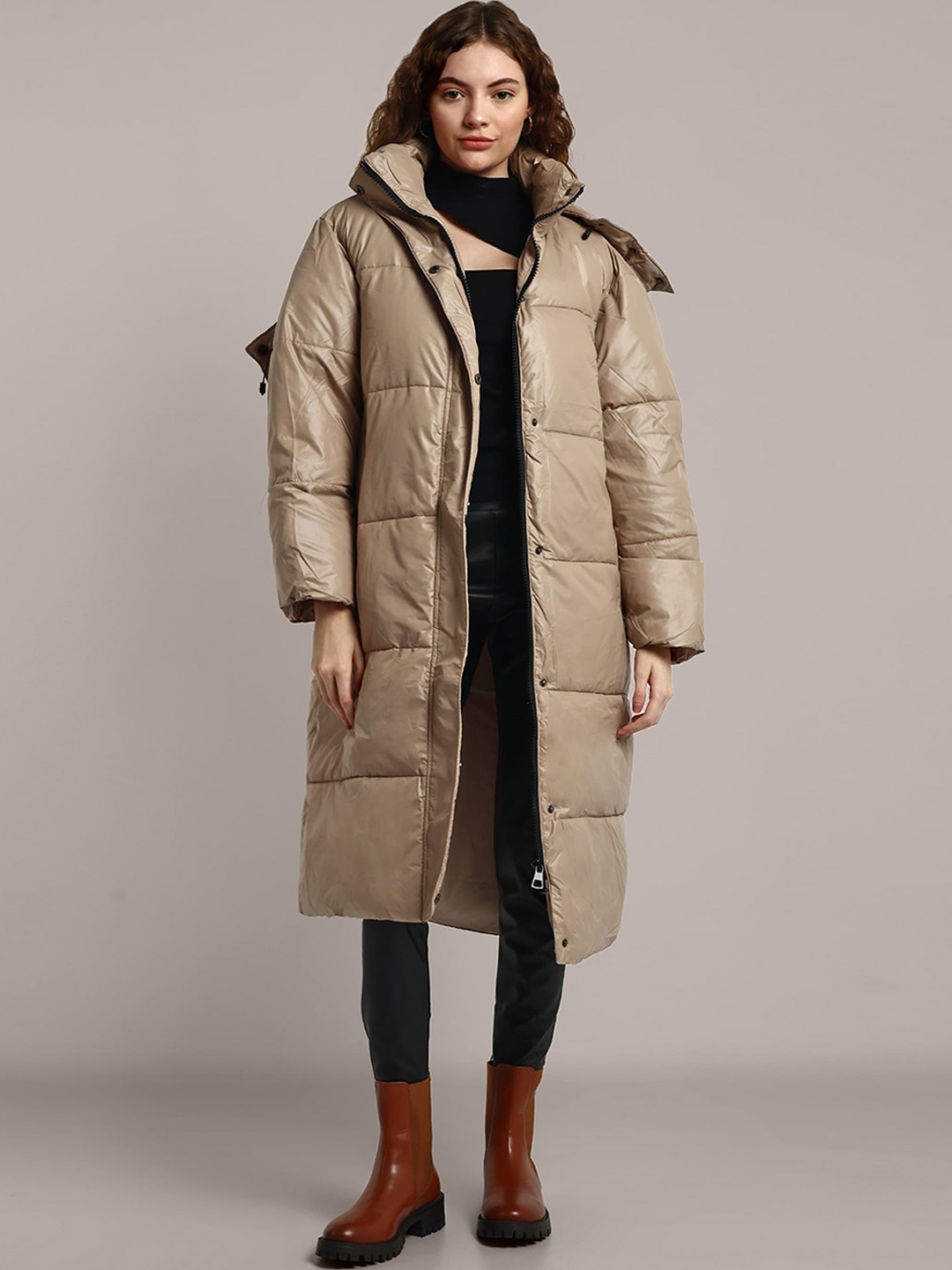 

iki chic Long Sleeves Water Resistant Longline Puffer Jacket, Beige