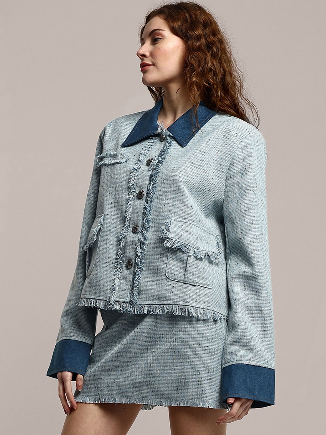 

iki chic Shirt Collar Jacket With A-Line Mini Skirt, Blue