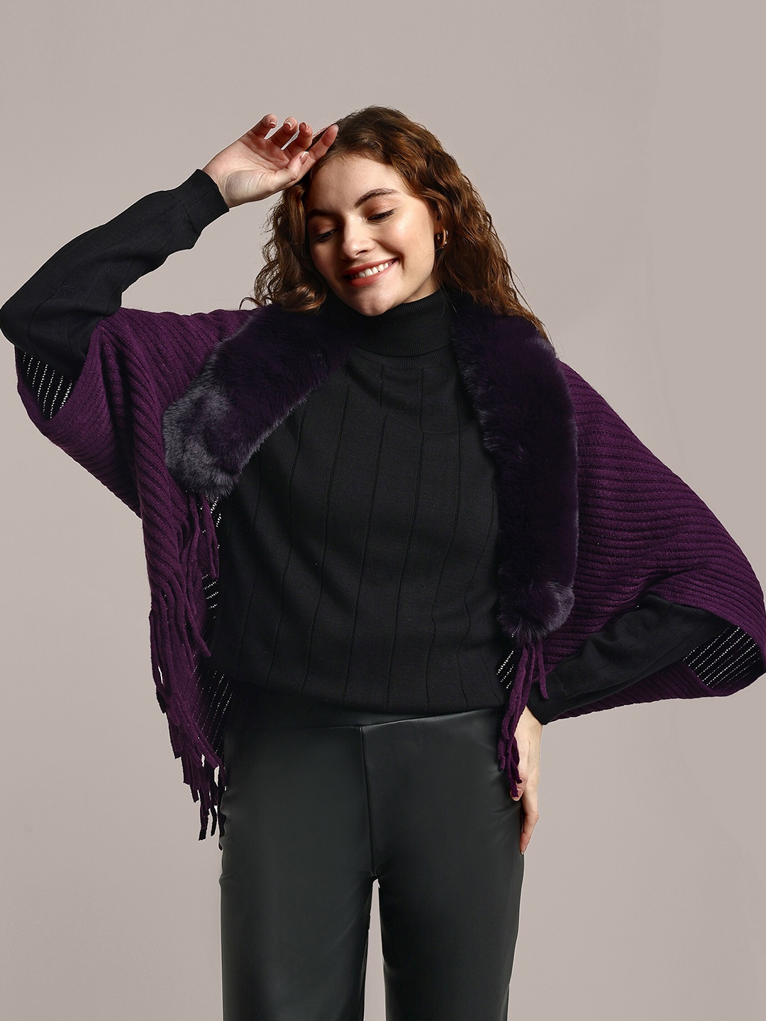 

iki chic Knitted Cotton Woollen Fringed Poncho, Purple