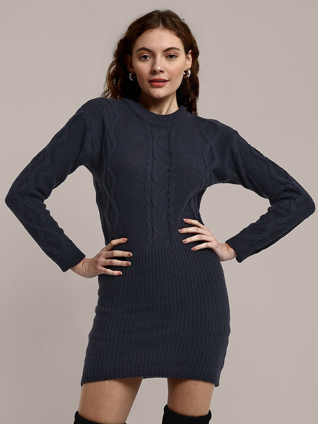 

iki chic Grey Self Dsigned High Neck Woollen Bodycon Mini Dress