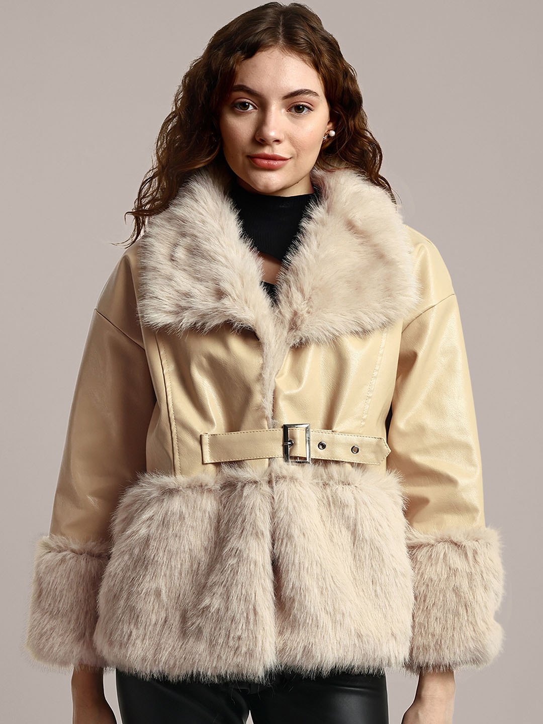 

iki chic Spread Collar Leather Jacket, Beige