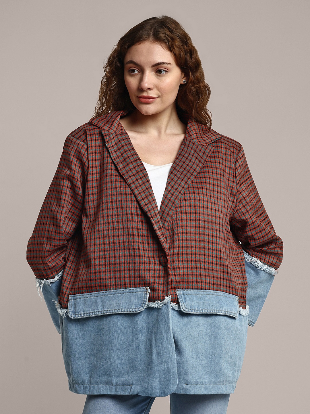 

iki chic Oversized Plaid Denim Patchwork Overcoat, Brown