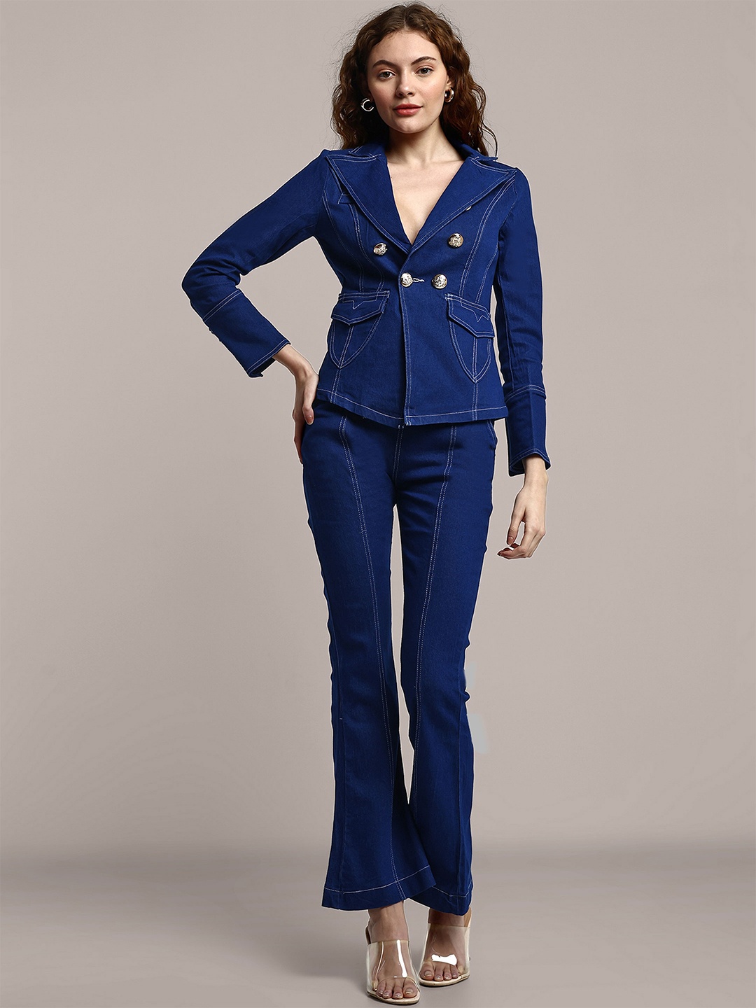 

iki chic Blue Lapel Collar Cotton Denim Jacket With Trouser