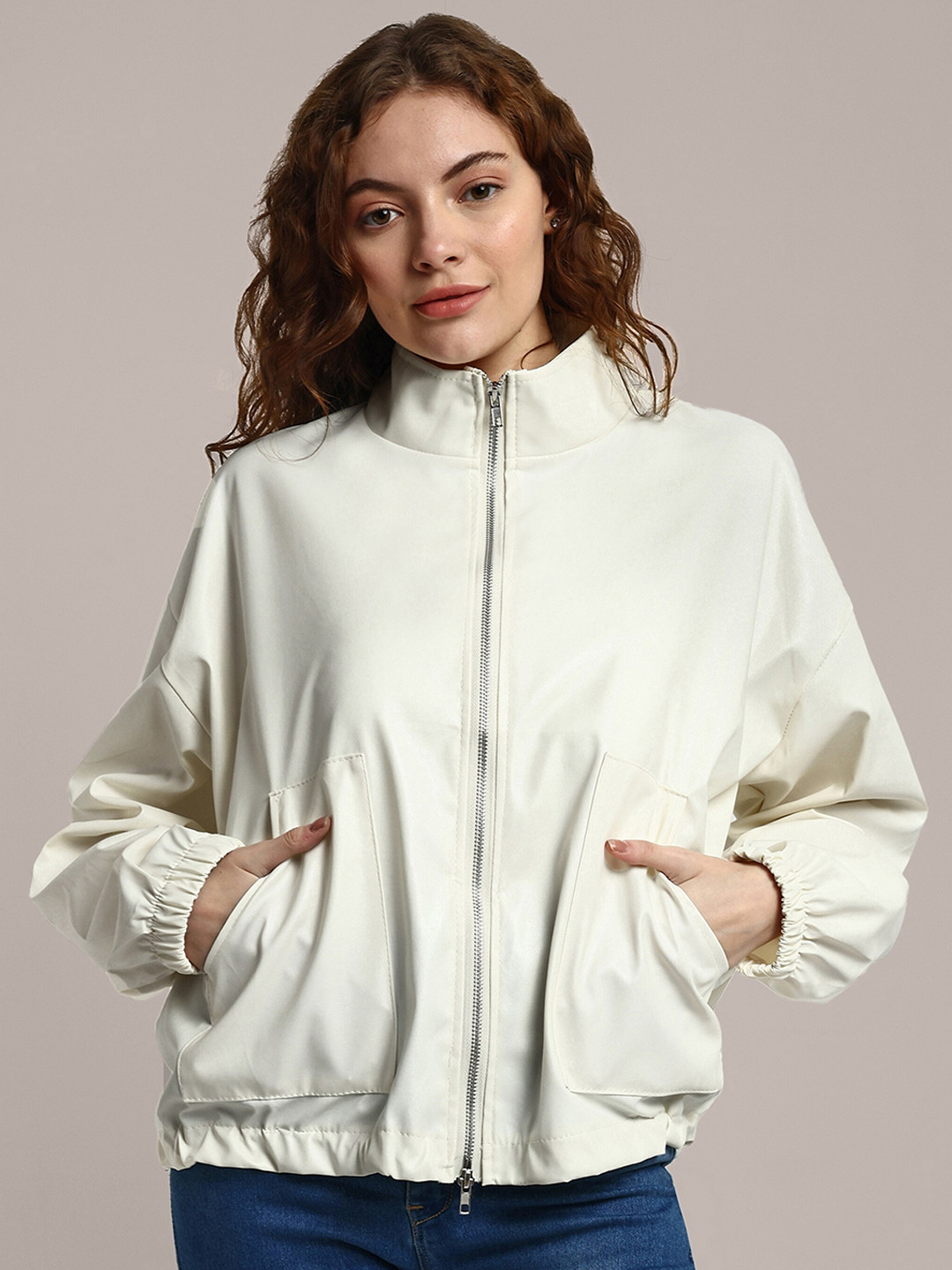 

iki chic Off White Mock Collar Lightweight Bomber Jacket