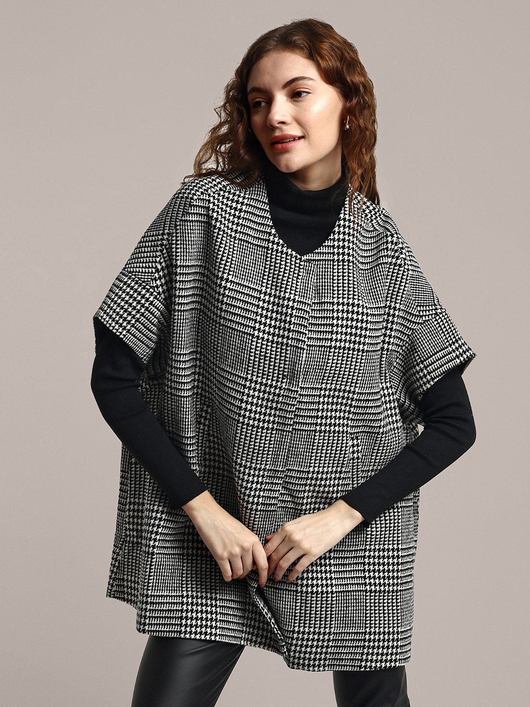 

iki chic Checked Cotton Woollen Longline Cardigan, Black
