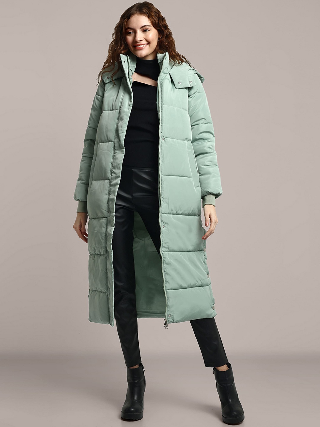 

iki chic Long Sleeves Water Resistant Longline Puffer Jacket, Green