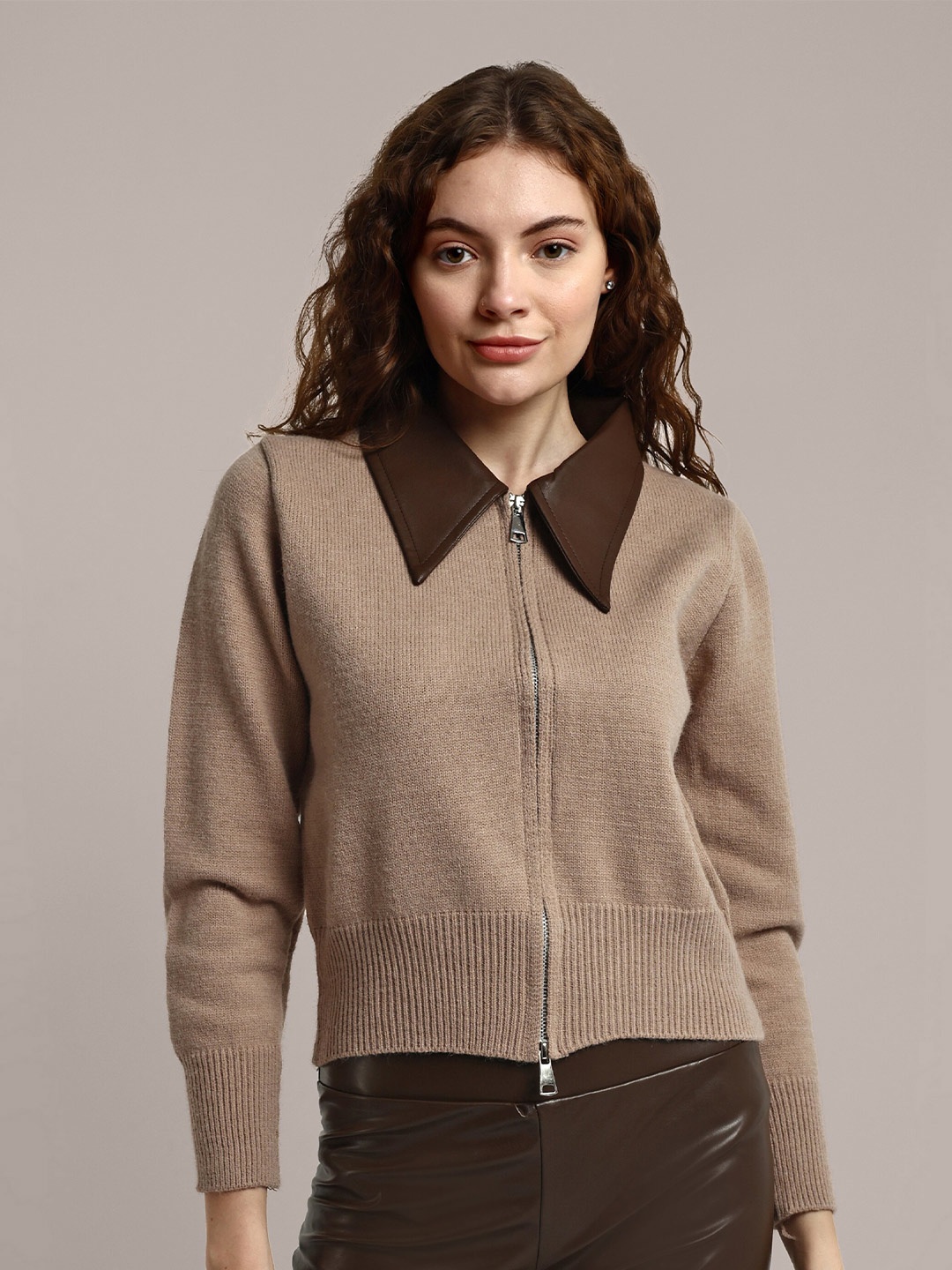 

iki chic Leather Collar Knitted Cotton Woollen Cardigan, Brown