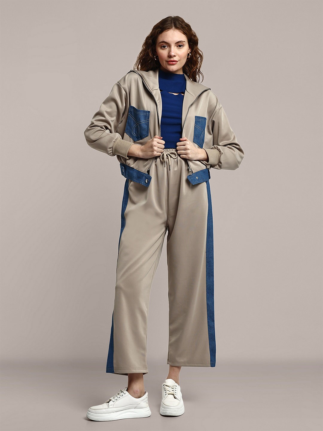 

iki chic Denim Detail Sweatshirt & Wide Leg Trousers, Beige