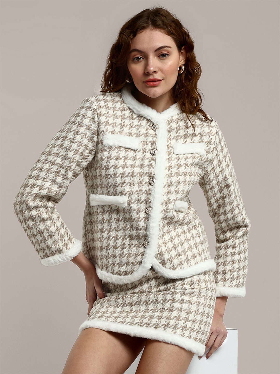 

iki chic Off White Self Design Cotton Tweed Coat With Mini Skirt