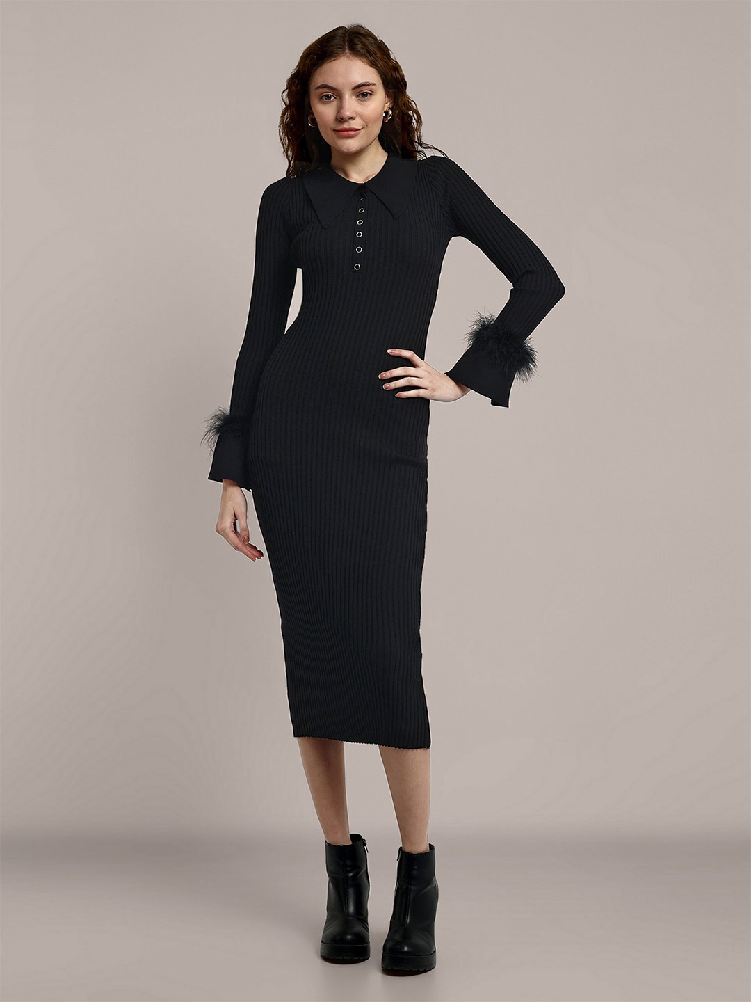 

iki chic Black Woollen Bodycon Midi Dress