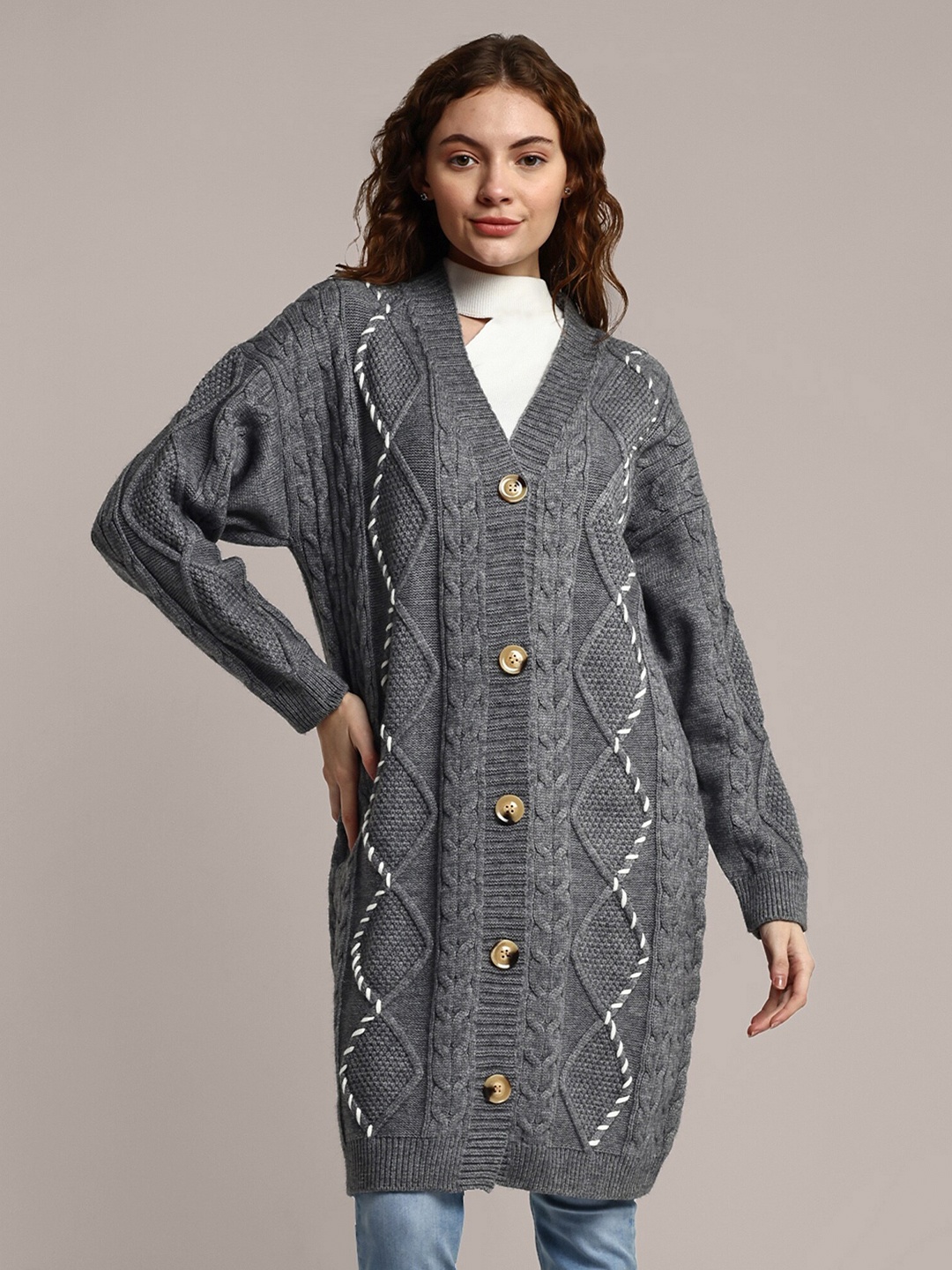 

iki chic Cable Knit Cotton Woollen Oversized Longline Cardigan, Grey
