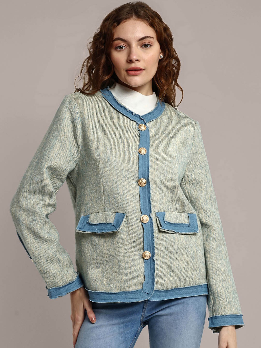 

iki chic Round Neck Cotton Overcoat, Blue