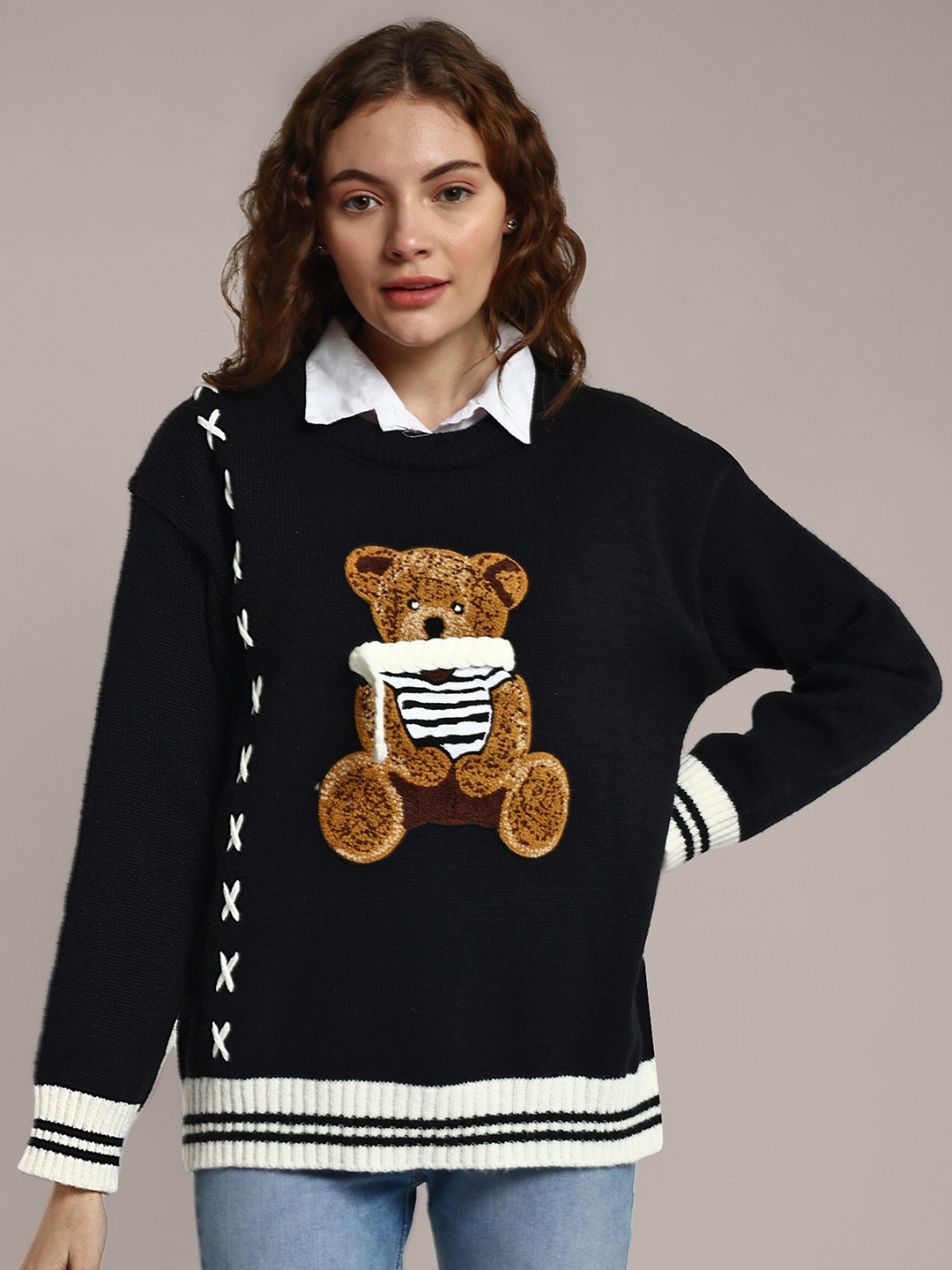 

iki chic Bear Design Embroidered Knitted Cotton Woollen Pullover, Black