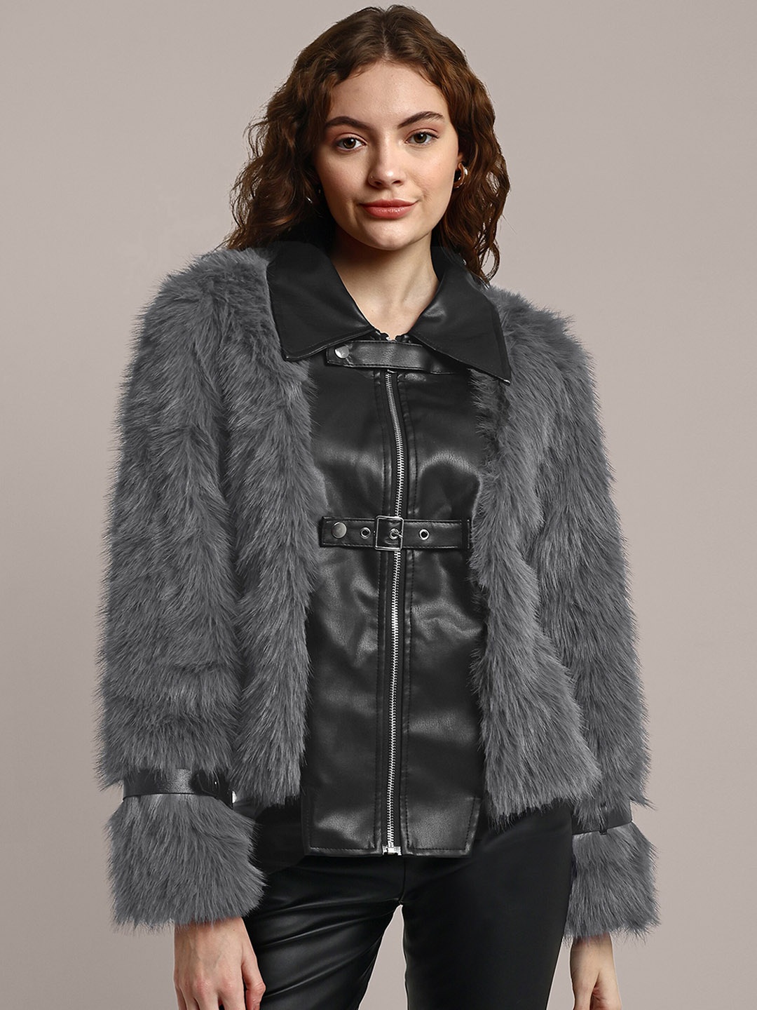 

iki chic Self Design Longline Leather Jacket WIth Faux Fur Trim, Charcoal