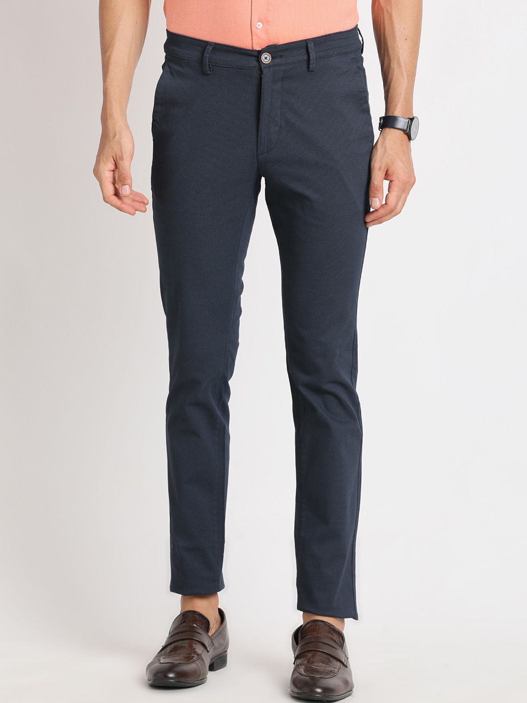 

Turtle Men Textured Smart Skinny Fit Cotton Chinos Trousers, Navy blue