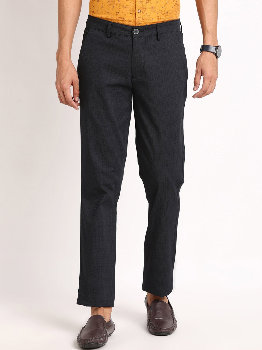 

Turtle Men Mid-Rise Checked Smart Skinny Fit Cotton Chinos Trousers, Charcoal