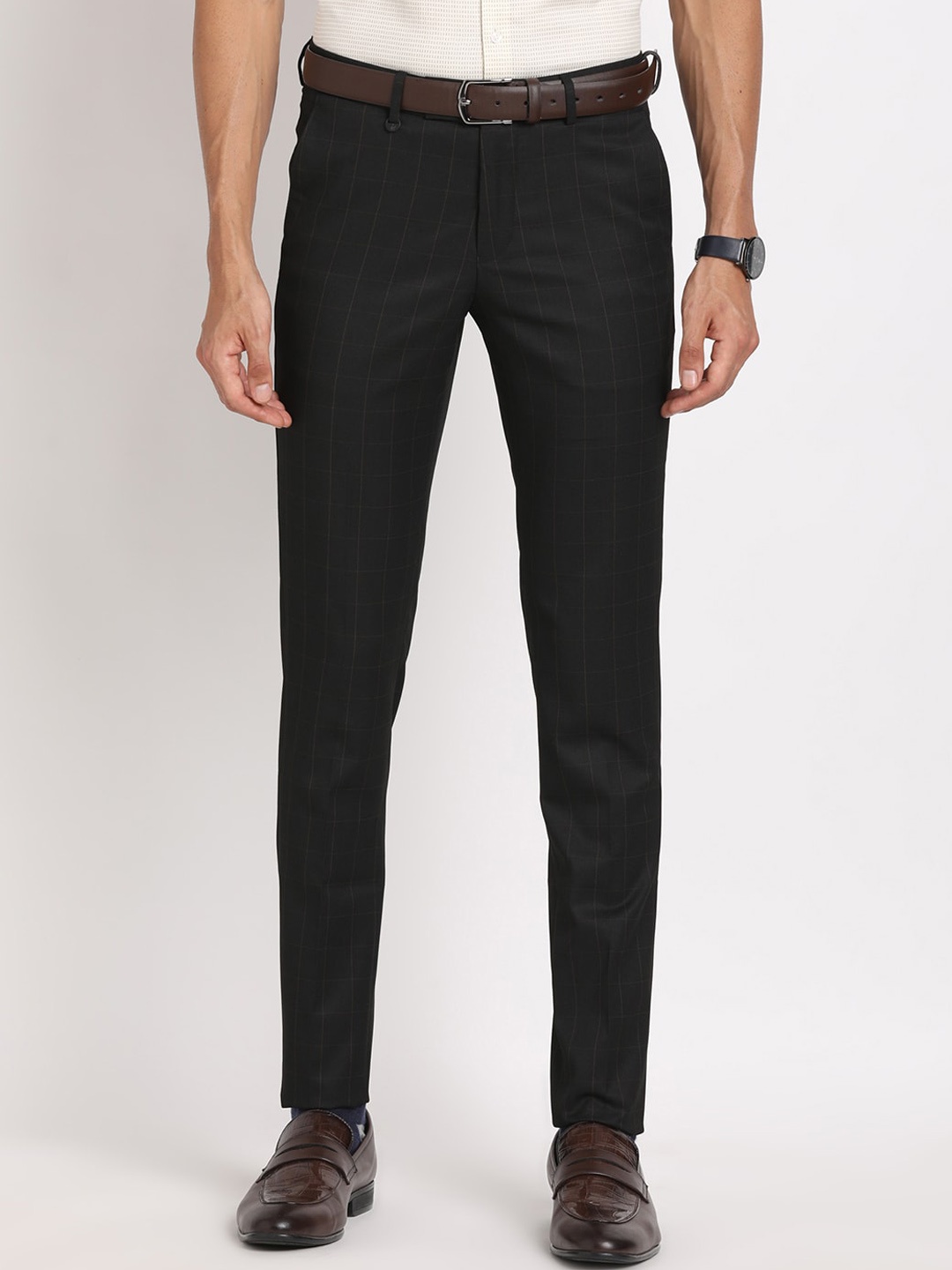 

Turtle Men Mid-Rise Checked Smart Skinny Fit Chinos Trousers, Black