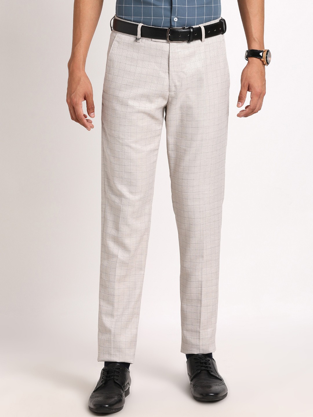 

Turtle Men Mid-Rise Checked Smart Skinny Fit Trousers, Beige