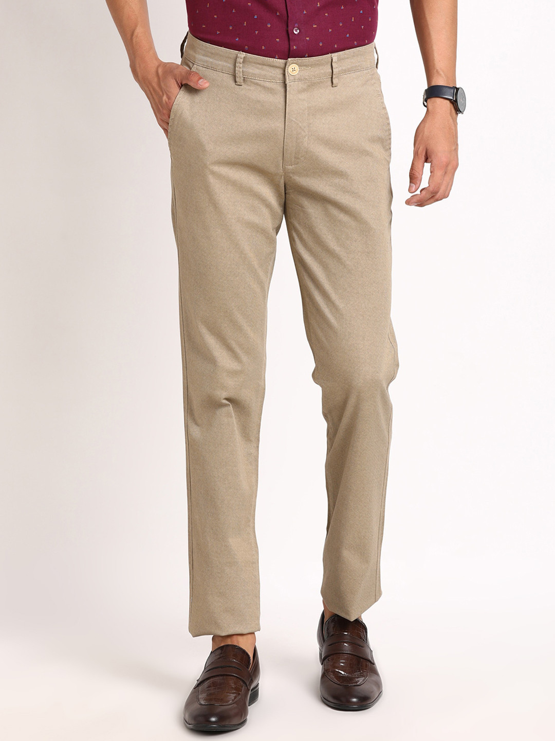 

Turtle Men Smart Slim Fit Mid Rise Cotton Chinos Trousers, Beige