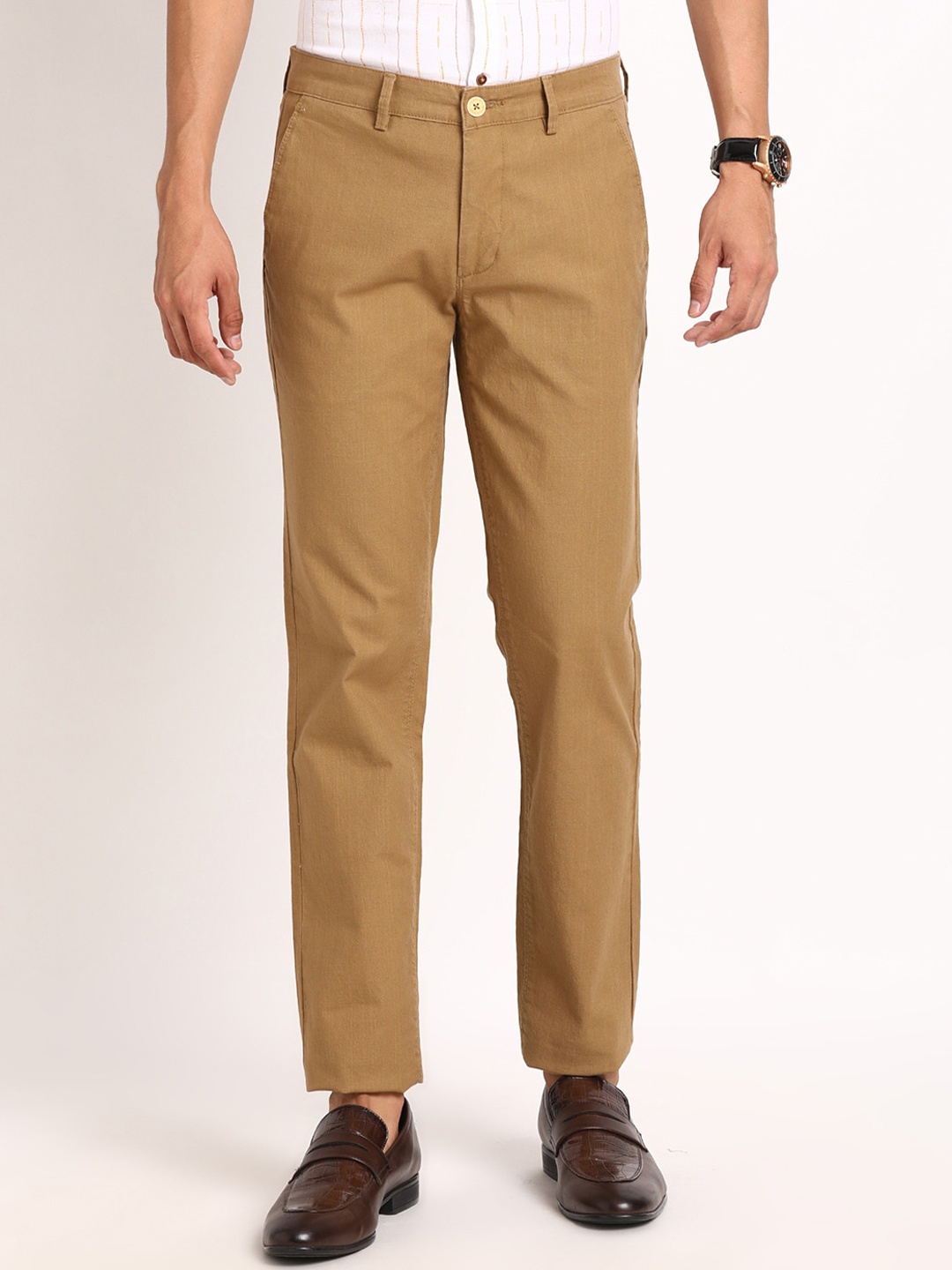 

Turtle Men Smart Slim Fit Mid Rise Cotton Chinos Trousers, Khaki
