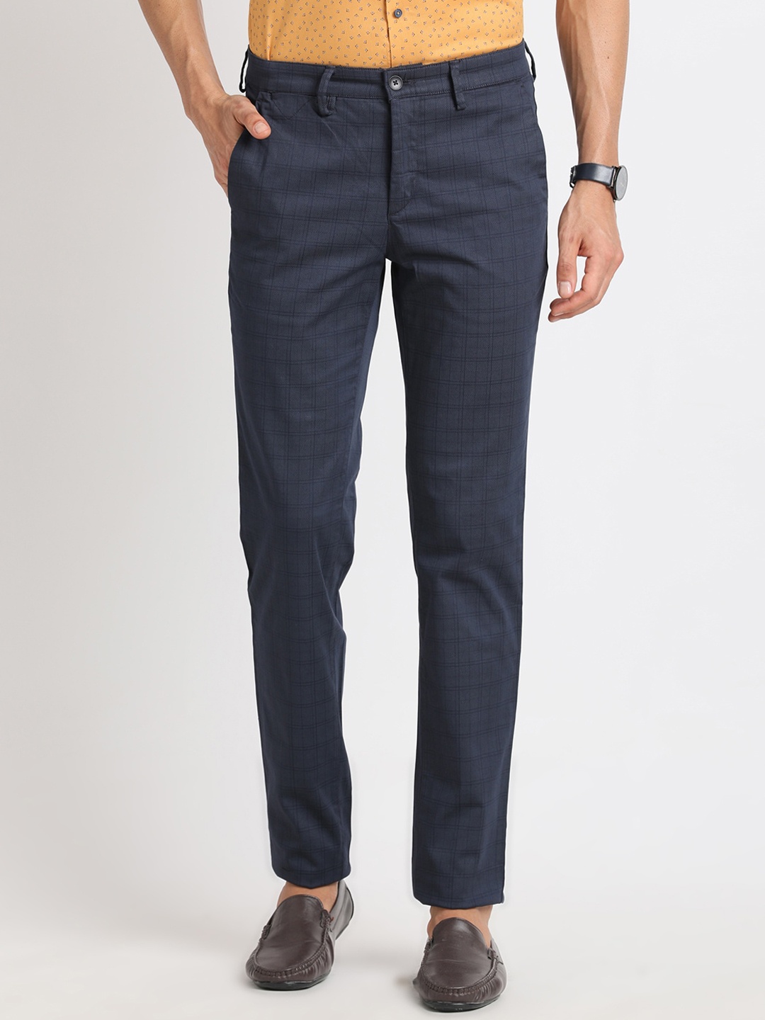 

Turtle Men Checked Smart Ultra Slim Fit Cotton Chinos, Navy blue