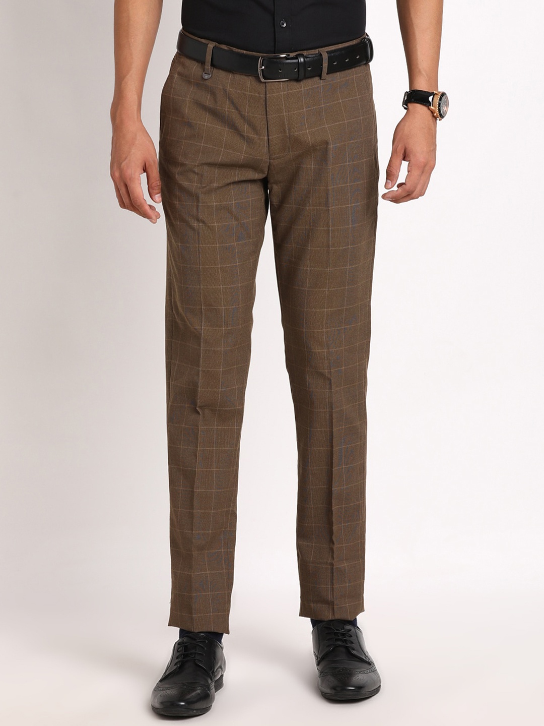 

Turtle Men Checked Smart Skinny Fit Formal Trousers, Brown