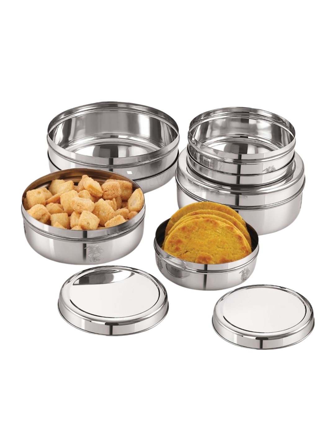 

iVBOX 5 Pcs Stainless Steel Round-Flat Lunch Box - 1 L, 1.4 L, 1.7 L, 2.3 L, 3.1 L, Silver