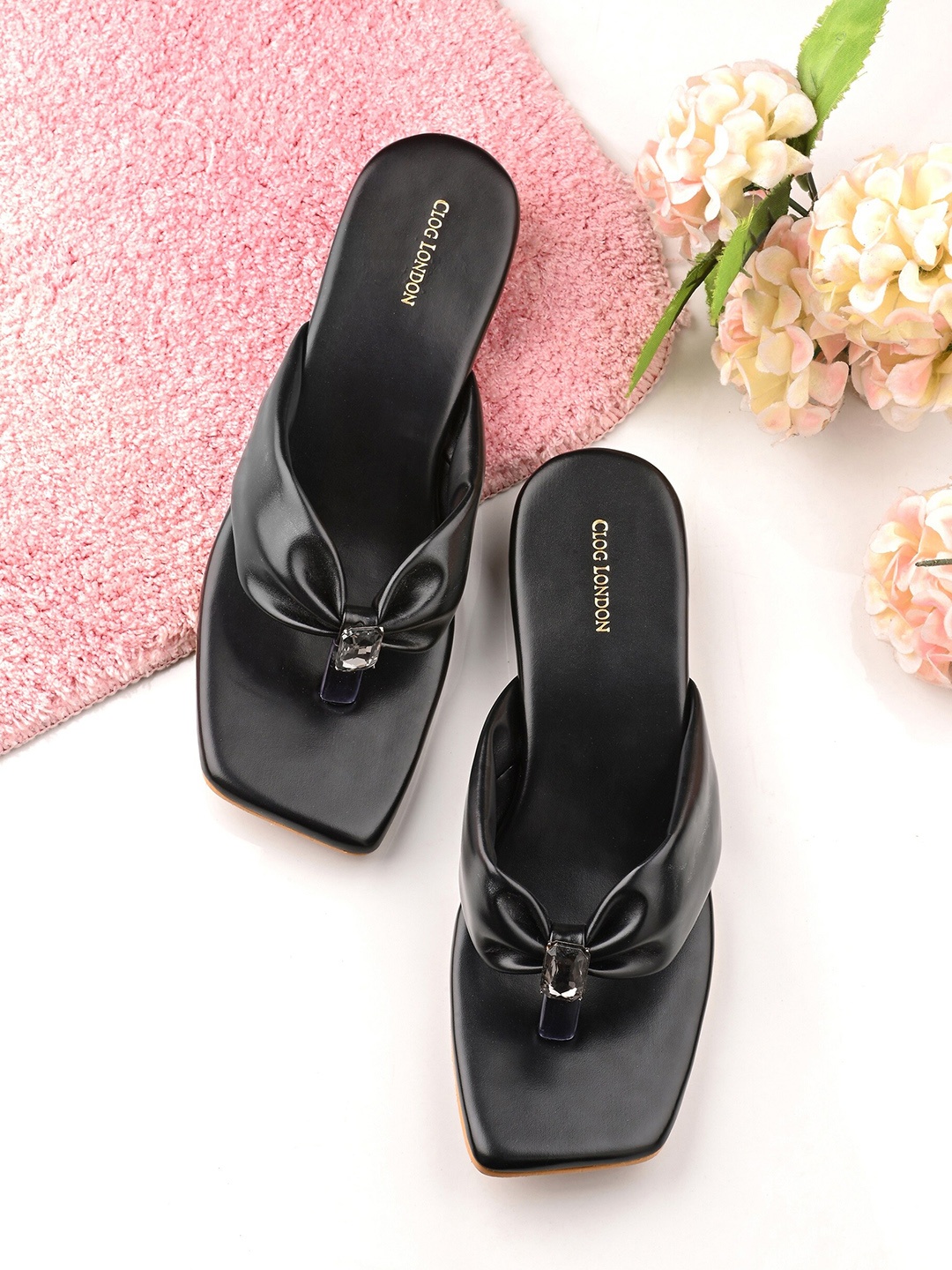 

CLOG LONDON Embellished Square Toe Block Heels, Black