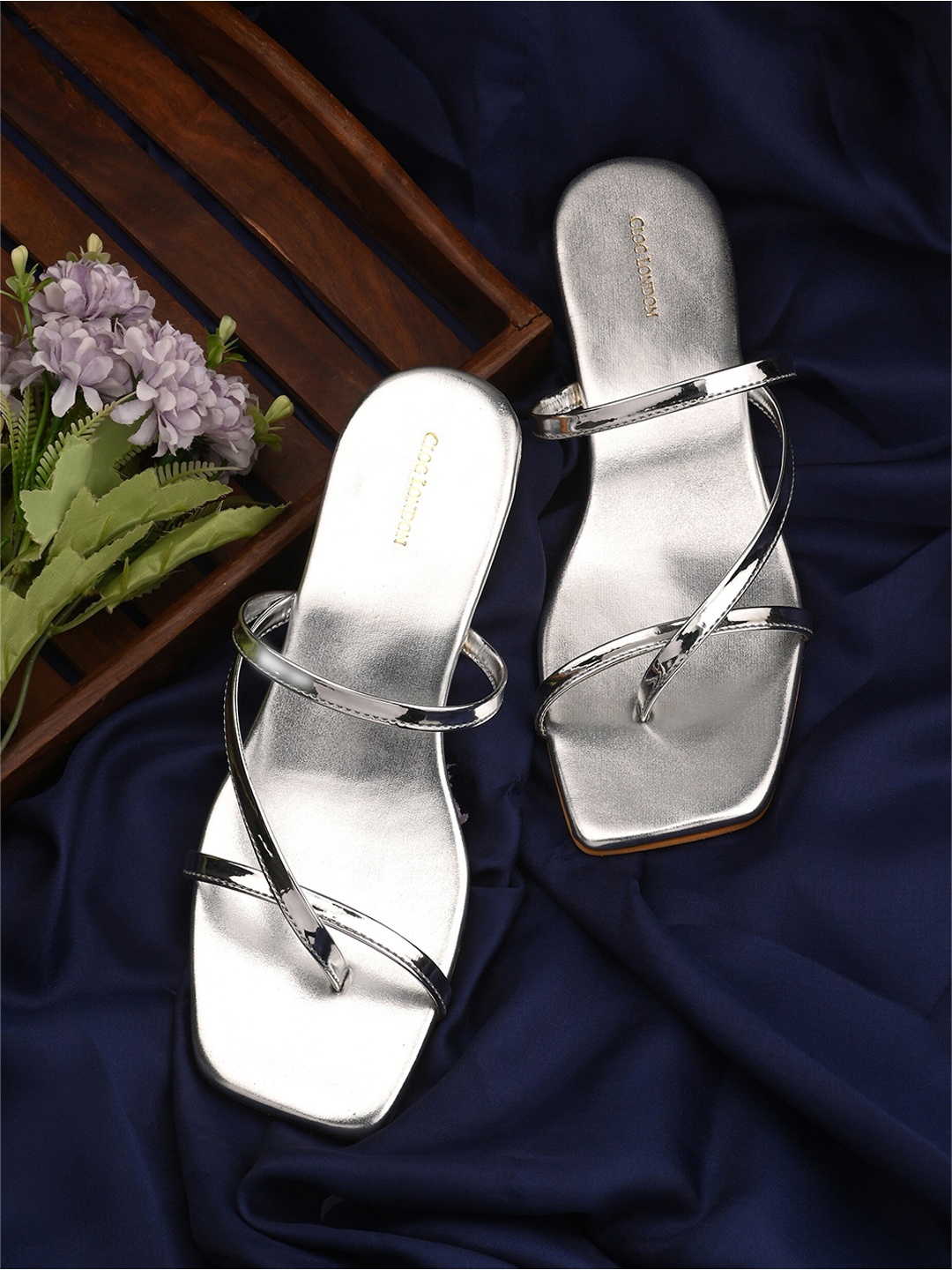 

CLOG LONDON Strappy Square Toe Block Heels, Silver