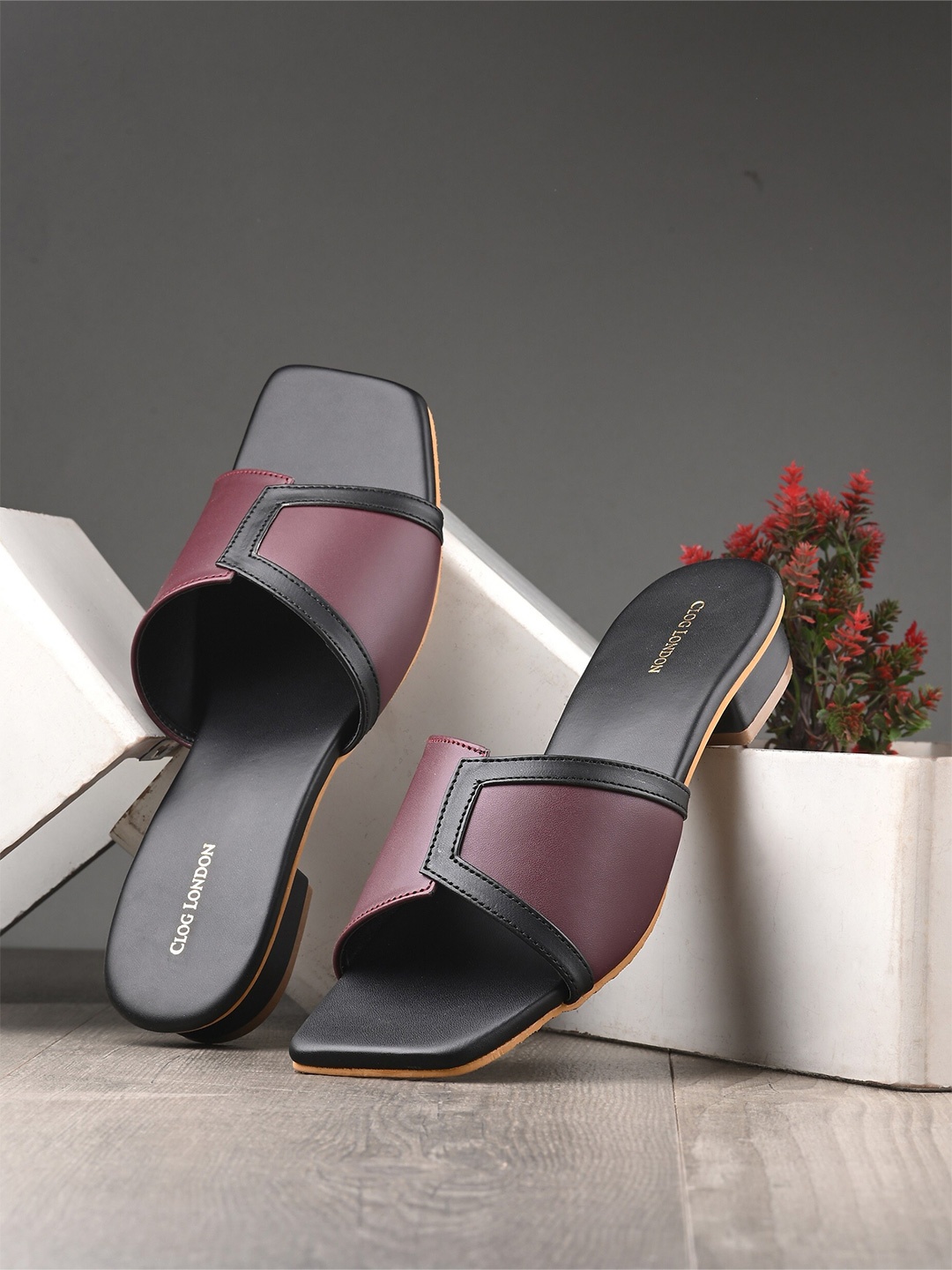 

CLOG LONDON Colourblocked Open Toe Block Heels, Burgundy