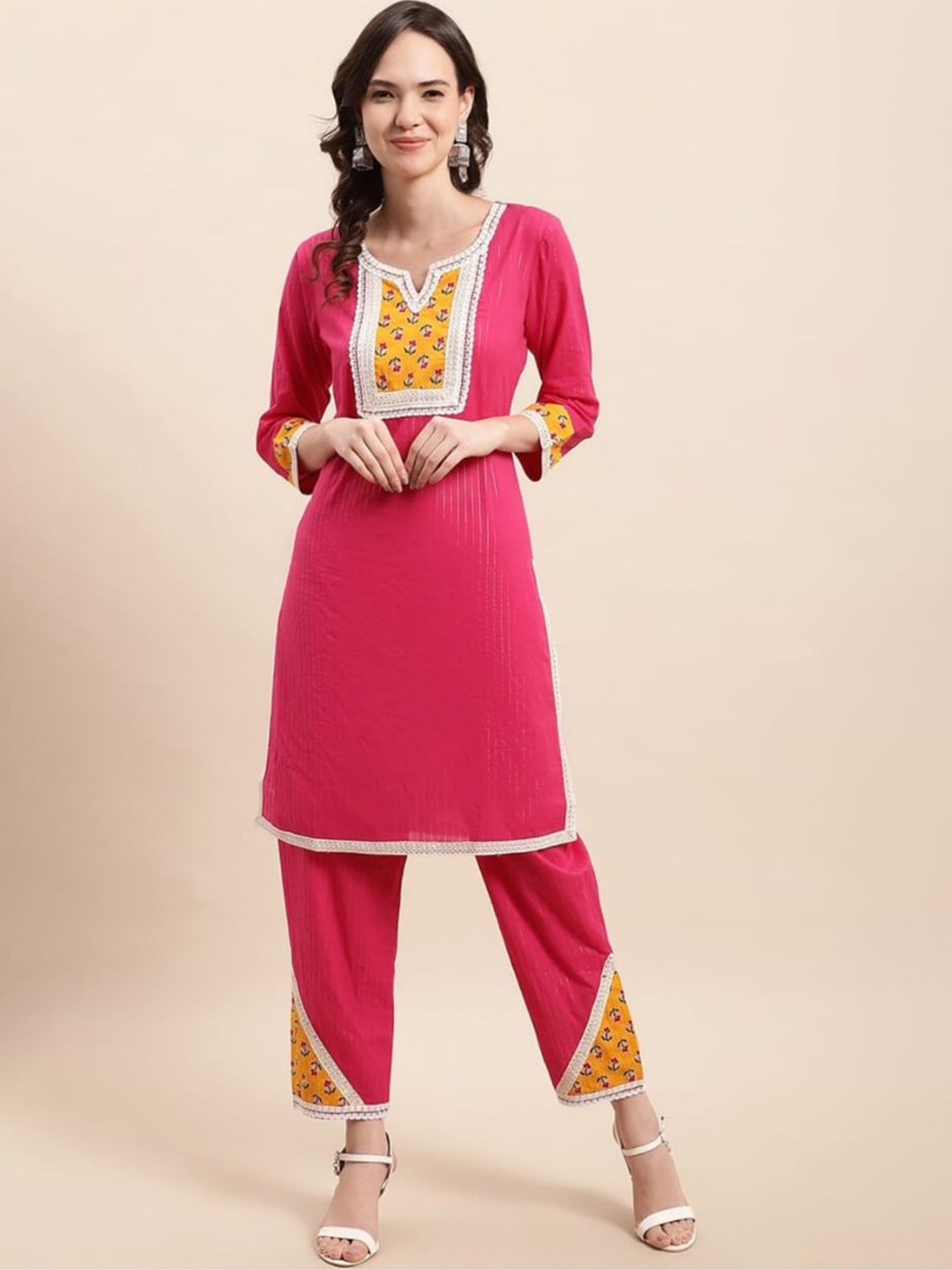 

Kamayra Floral Yoke Design Thread Work Pure Cotton Kurta With Trouser, Pink