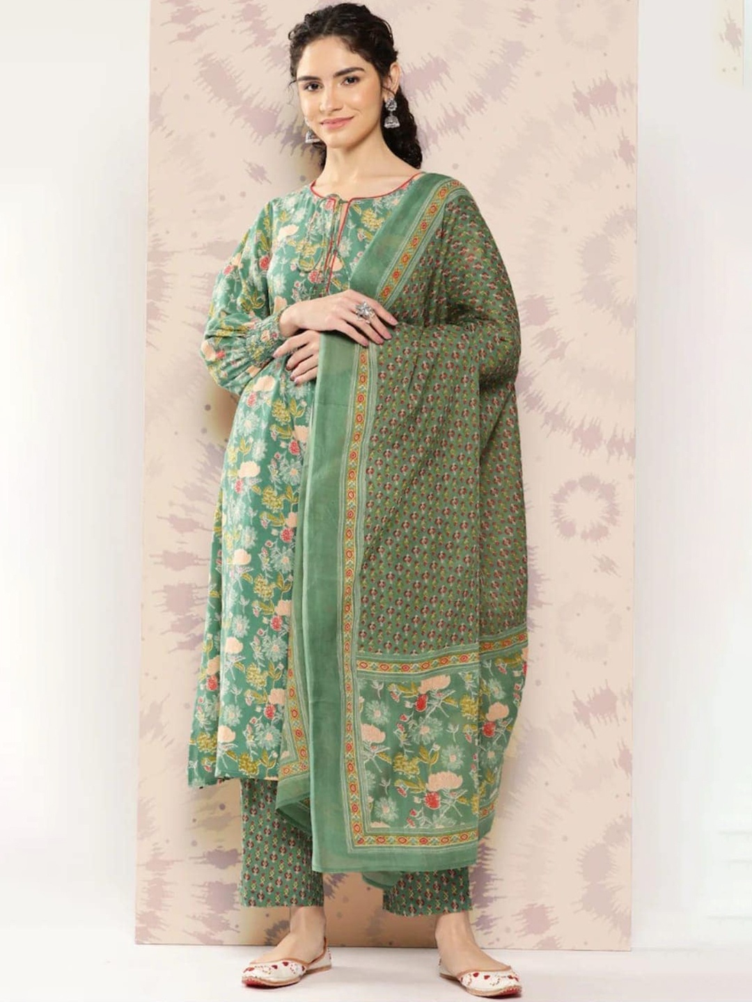 

Kamayra Floral Printed Tie-Up Neck Pure Cotton Kurta With Palazzos & Dupatta, Green