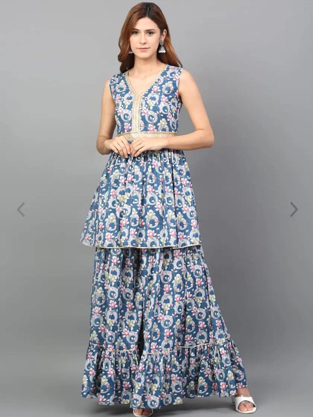 

Kamayra Floral PrintedZari Sleeveless Empire Pure Cotton Anarkali Kurta With Sharara, Blue