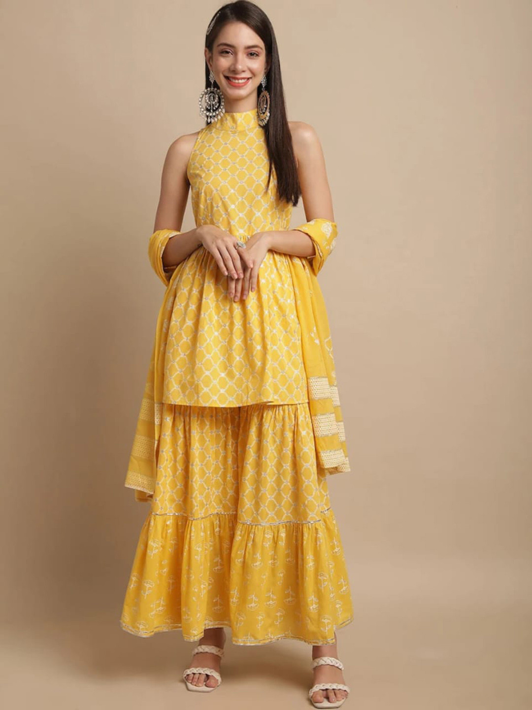 

Kamayra Ethnic Motifs Printed Pure Cotton Kurta With Sharara & Dupatta, Yellow