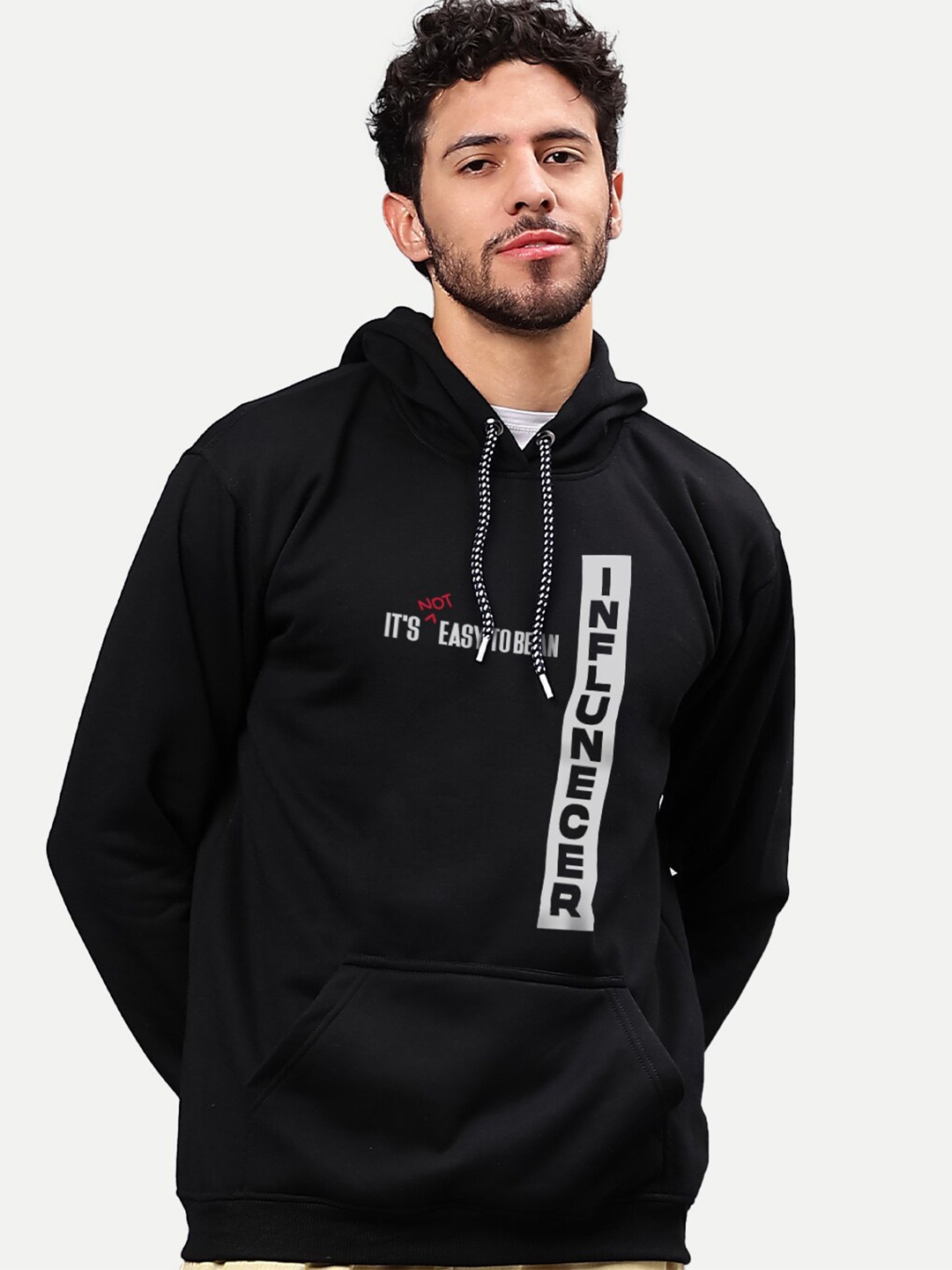 

Mad Over Print Typography Printed Hooded Fleece Pullover Sweatshirt, Black